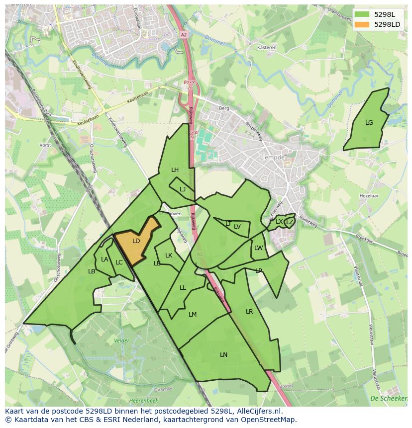 Afbeelding van het postcodegebied 5298 LD op de kaart.