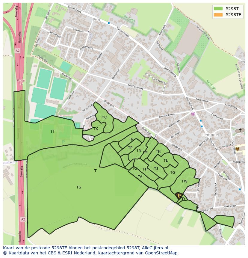 Afbeelding van het postcodegebied 5298 TE op de kaart.