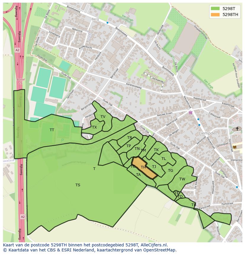 Afbeelding van het postcodegebied 5298 TH op de kaart.