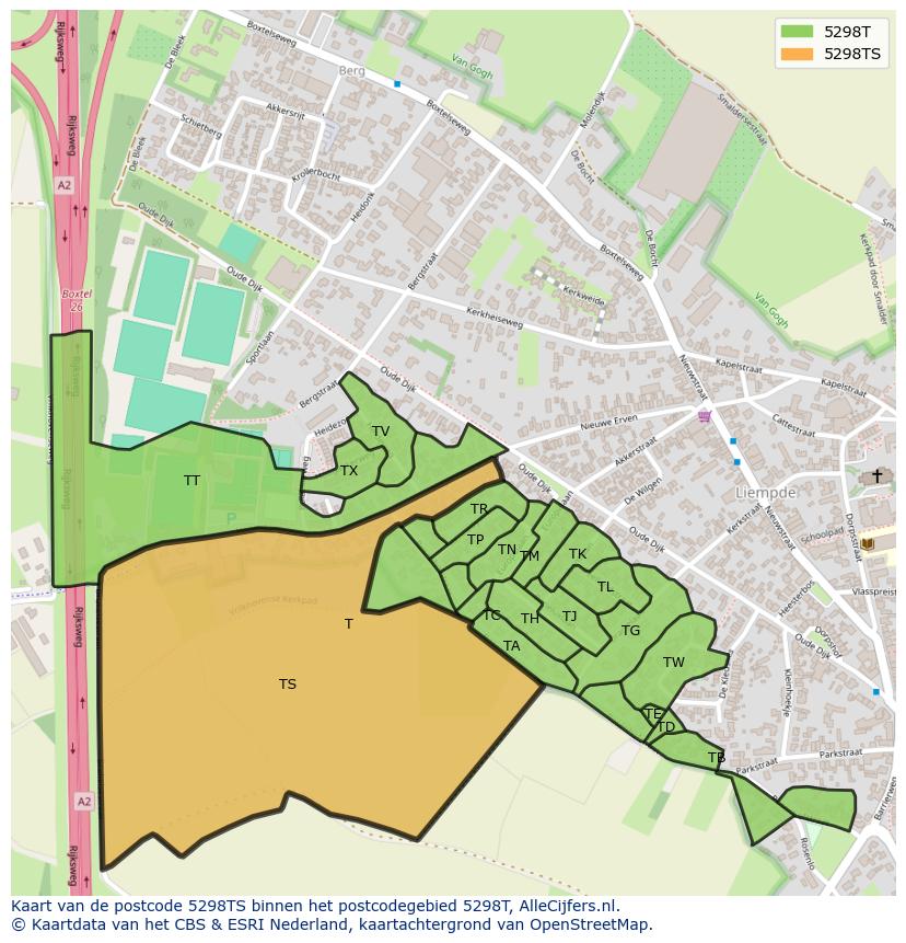 Afbeelding van het postcodegebied 5298 TS op de kaart.
