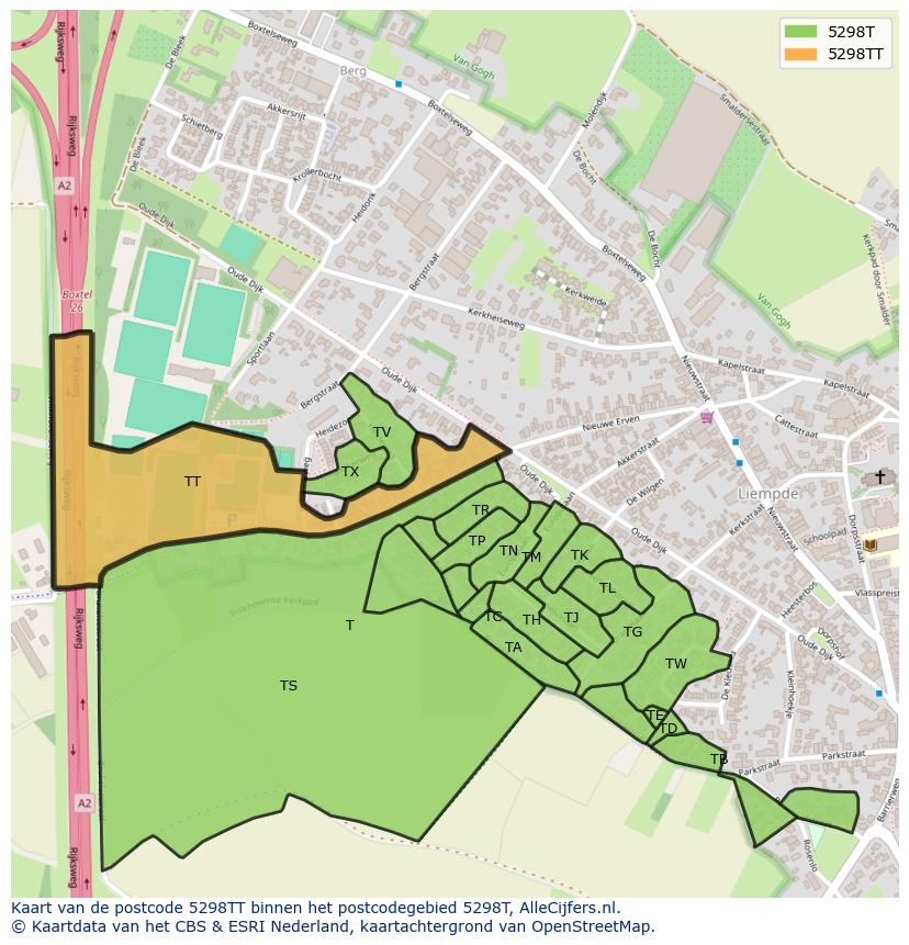 Afbeelding van het postcodegebied 5298 TT op de kaart.