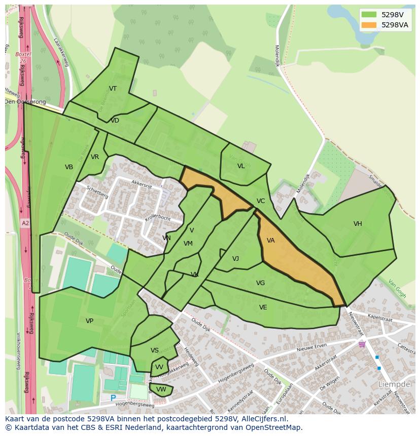 Afbeelding van het postcodegebied 5298 VA op de kaart.