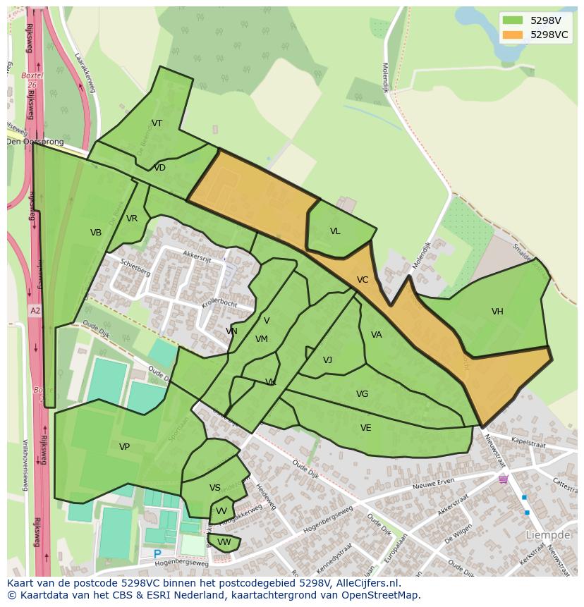 Afbeelding van het postcodegebied 5298 VC op de kaart.