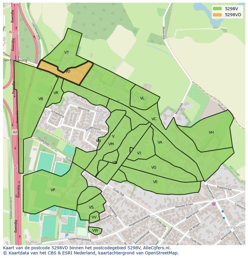 Afbeelding van het postcodegebied 5298 VD op de kaart.