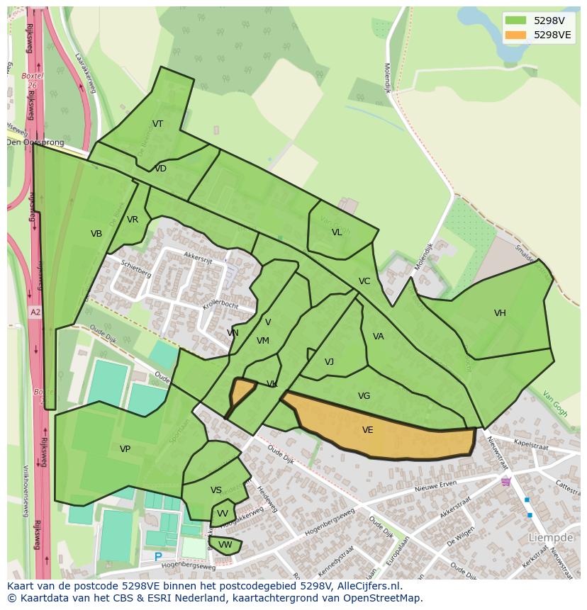 Afbeelding van het postcodegebied 5298 VE op de kaart.