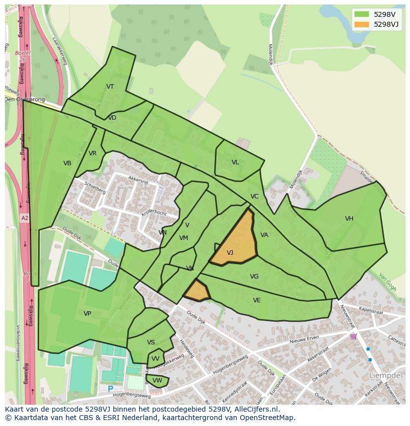 Afbeelding van het postcodegebied 5298 VJ op de kaart.