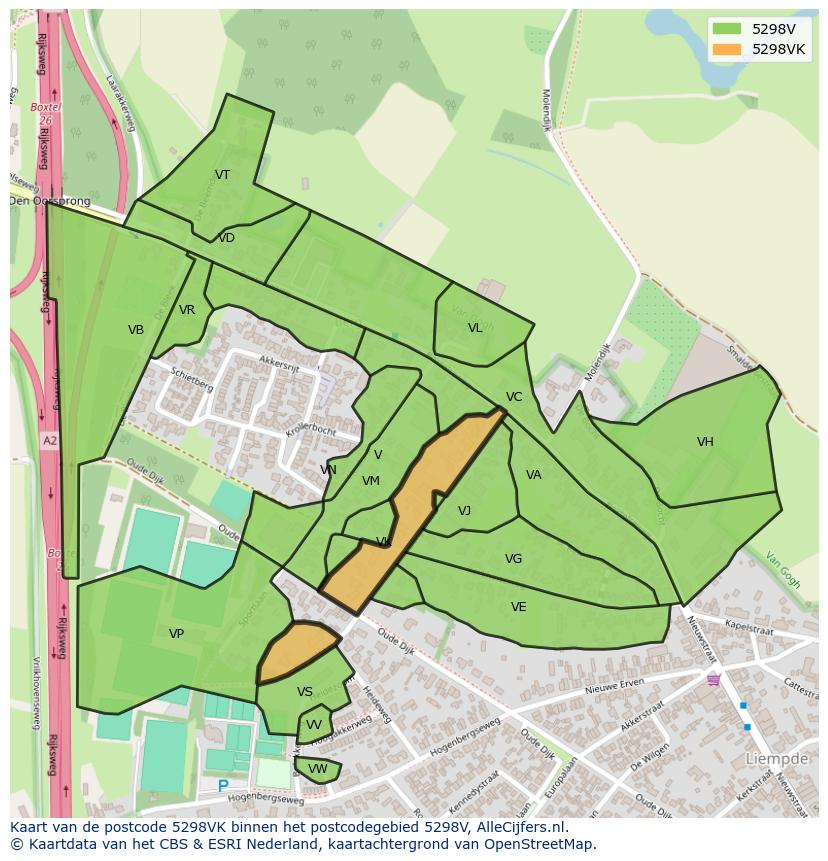 Afbeelding van het postcodegebied 5298 VK op de kaart.