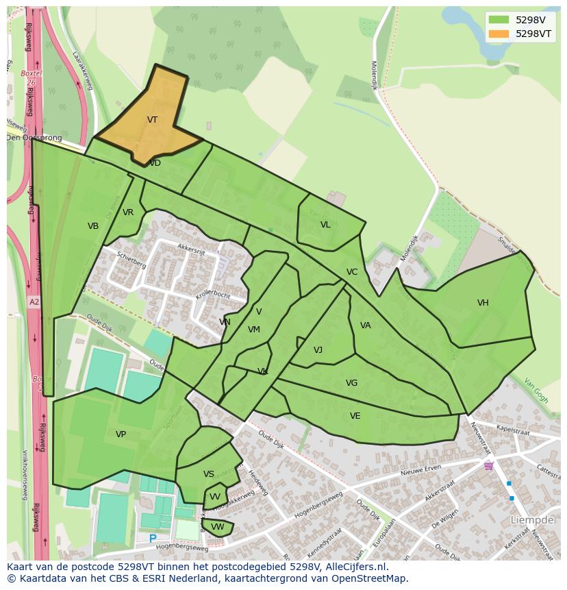 Afbeelding van het postcodegebied 5298 VT op de kaart.