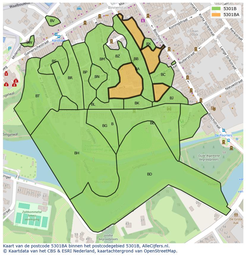 Afbeelding van het postcodegebied 5301 BA op de kaart.
