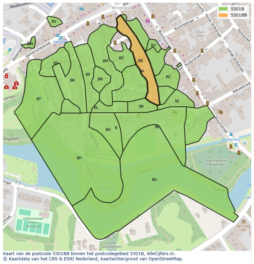 Afbeelding van het postcodegebied 5301 BB op de kaart.