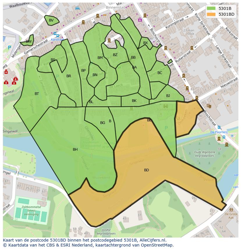Afbeelding van het postcodegebied 5301 BD op de kaart.