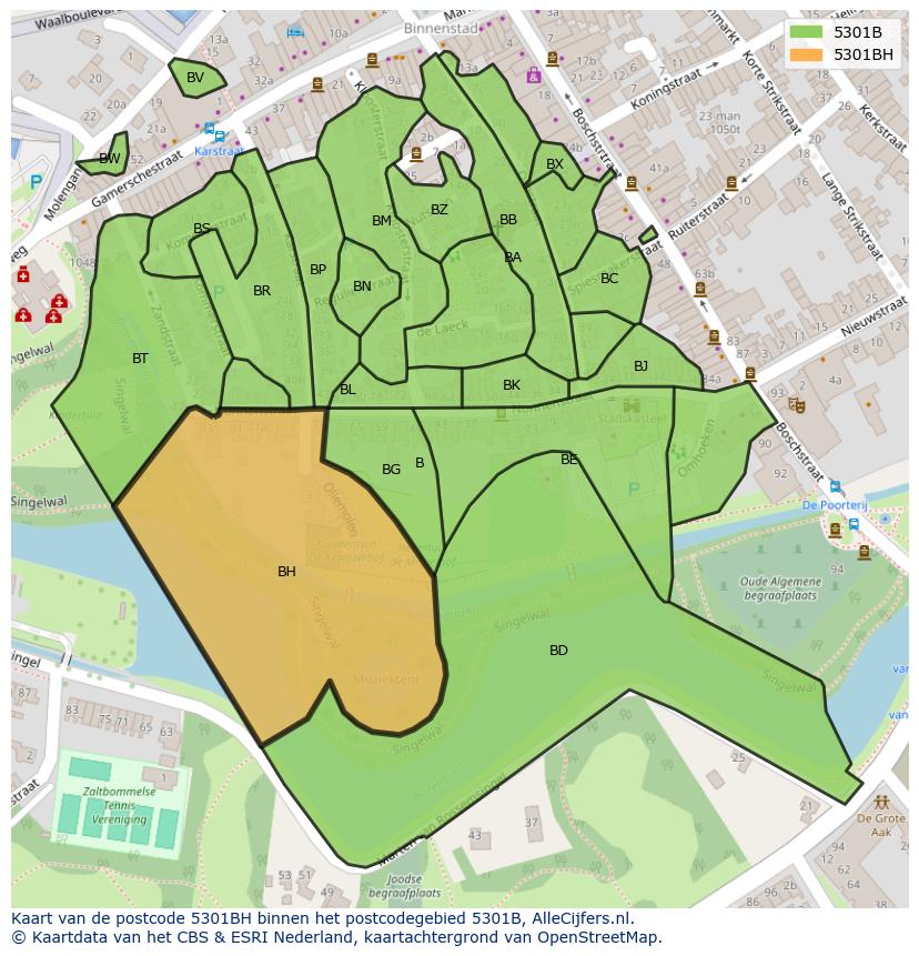 Afbeelding van het postcodegebied 5301 BH op de kaart.