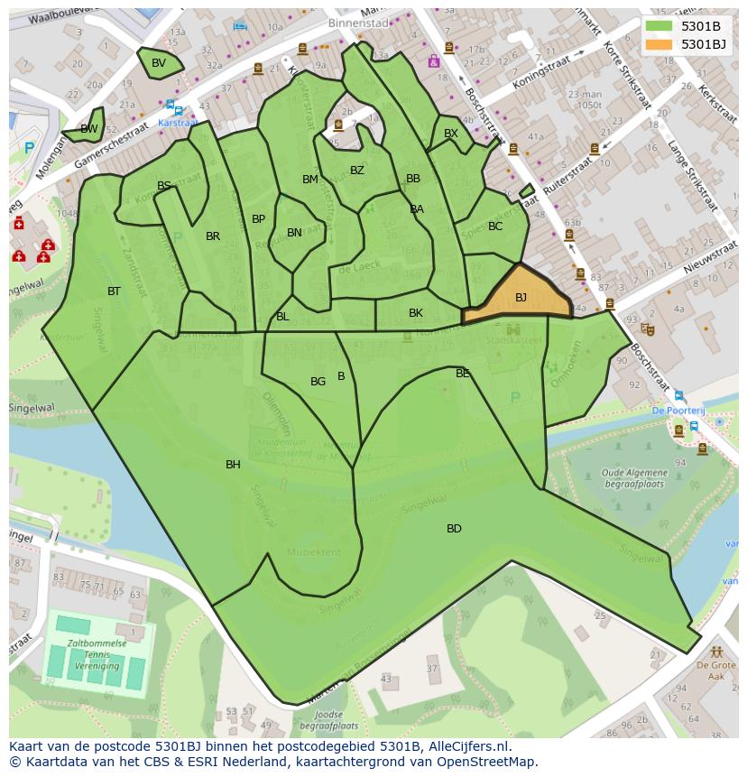 Afbeelding van het postcodegebied 5301 BJ op de kaart.