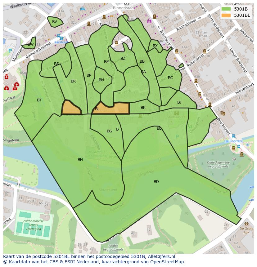 Afbeelding van het postcodegebied 5301 BL op de kaart.