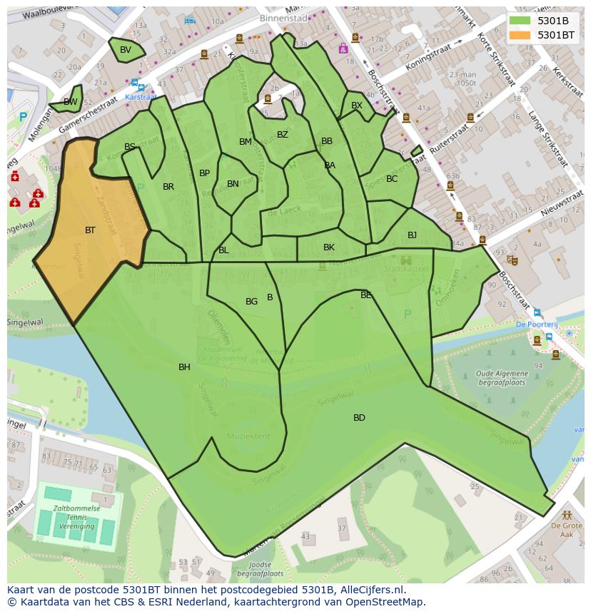 Afbeelding van het postcodegebied 5301 BT op de kaart.