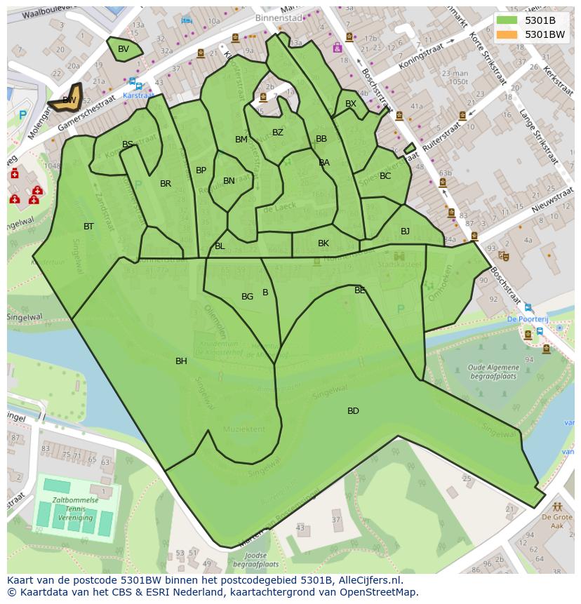 Afbeelding van het postcodegebied 5301 BW op de kaart.