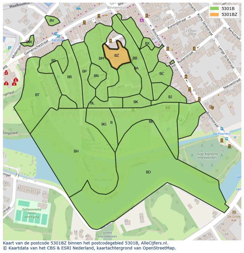 Afbeelding van het postcodegebied 5301 BZ op de kaart.