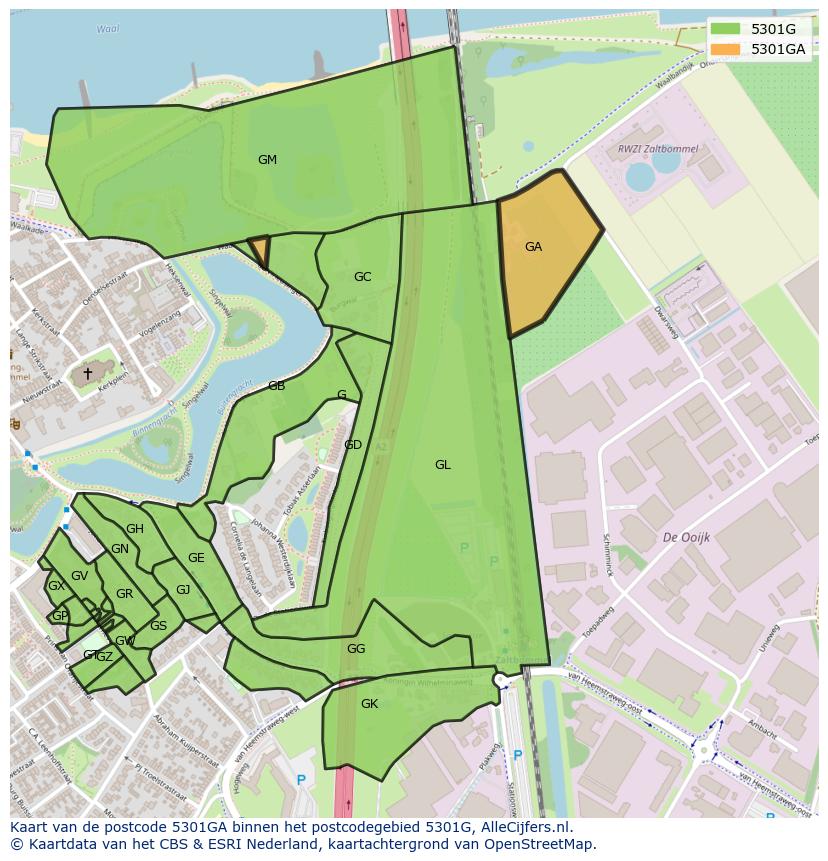 Afbeelding van het postcodegebied 5301 GA op de kaart.