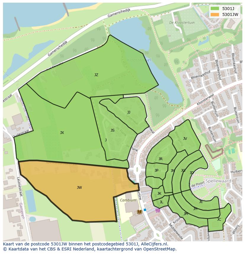 Afbeelding van het postcodegebied 5301 JW op de kaart.