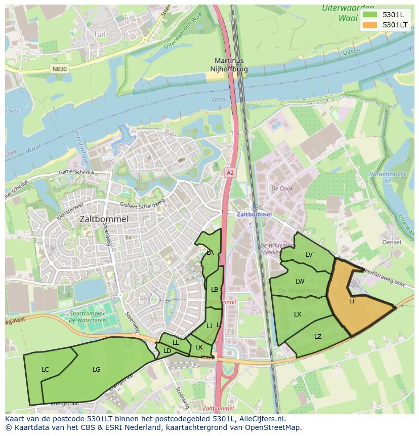 Afbeelding van het postcodegebied 5301 LT op de kaart.