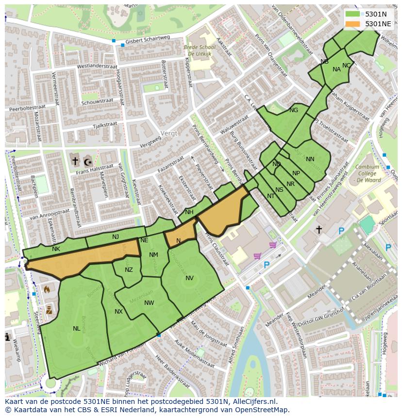 Afbeelding van het postcodegebied 5301 NE op de kaart.