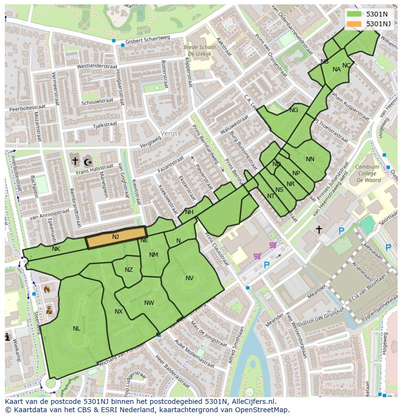 Afbeelding van het postcodegebied 5301 NJ op de kaart.