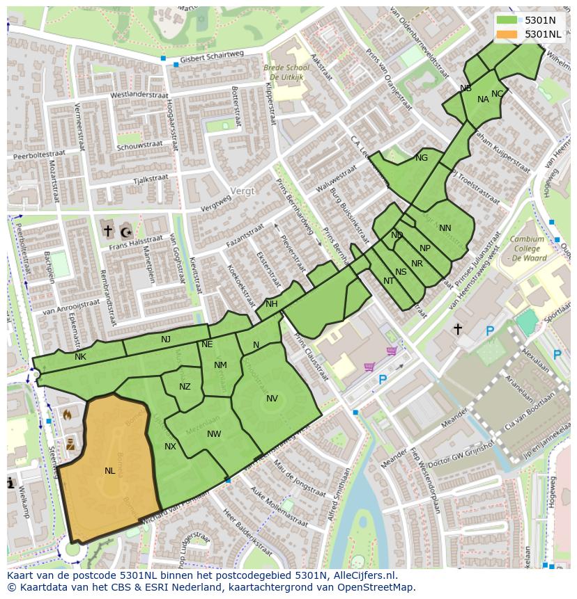 Afbeelding van het postcodegebied 5301 NL op de kaart.