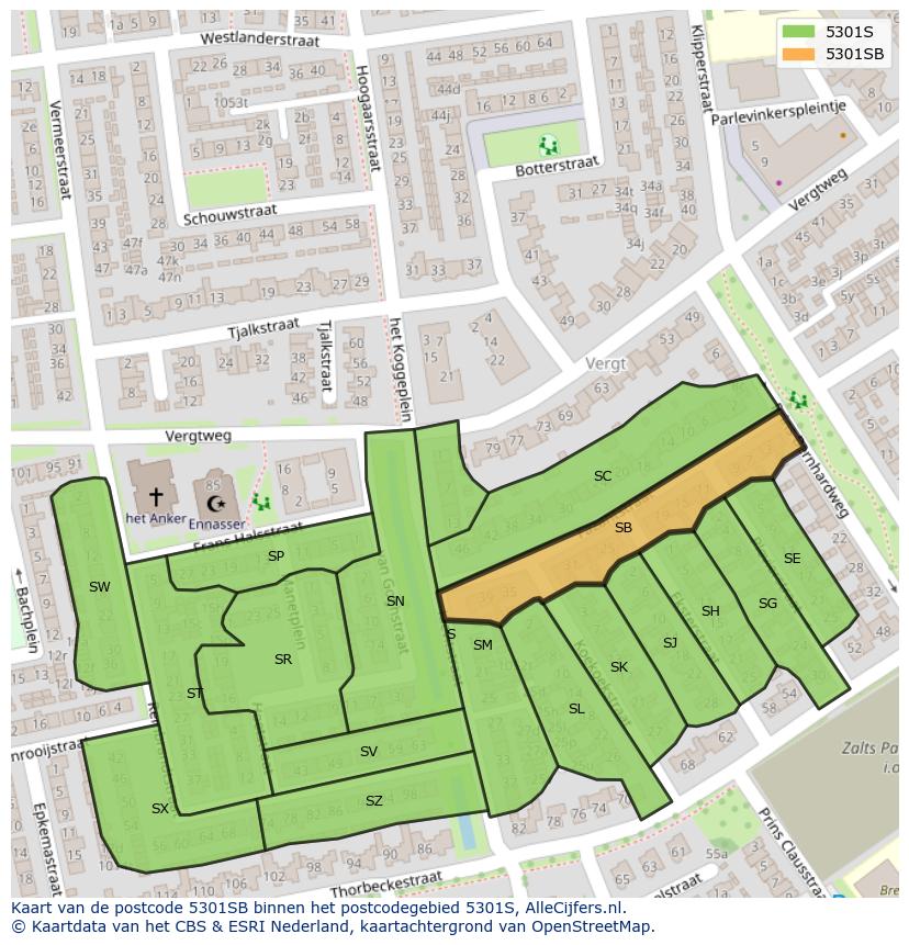 Afbeelding van het postcodegebied 5301 SB op de kaart.