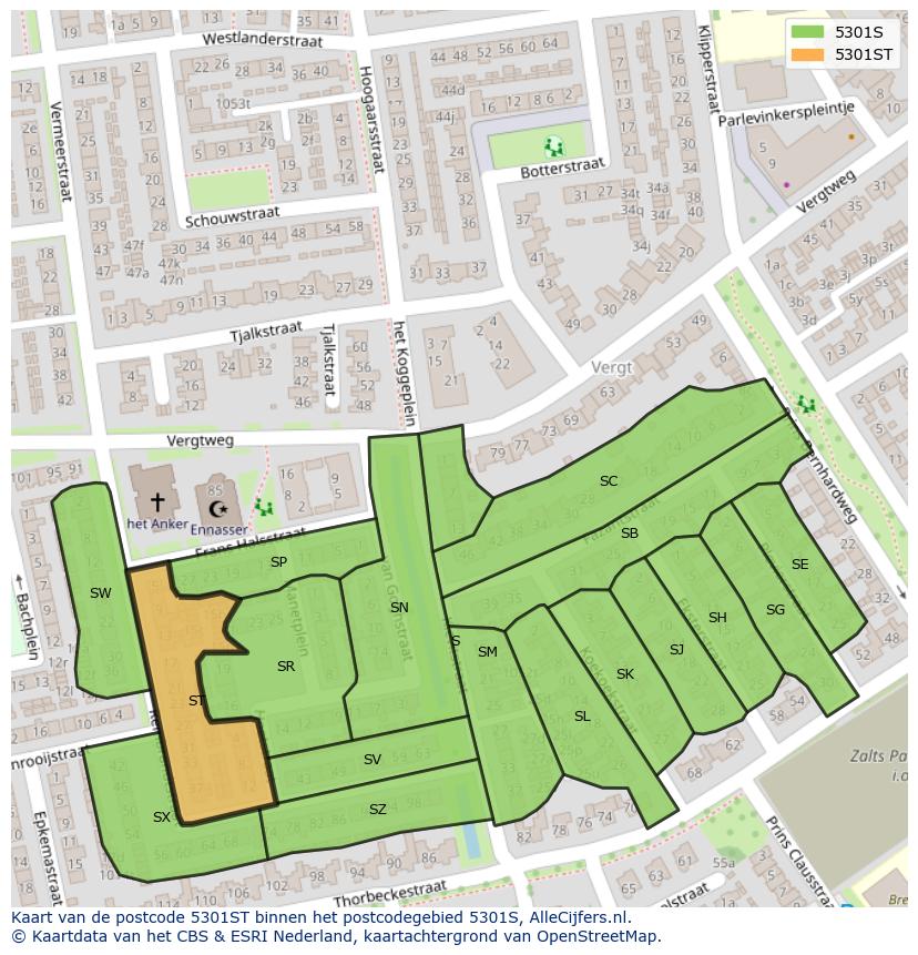 Afbeelding van het postcodegebied 5301 ST op de kaart.