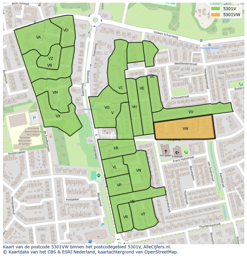 Afbeelding van het postcodegebied 5301 VW op de kaart.