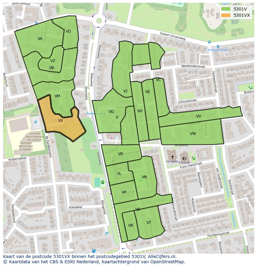 Afbeelding van het postcodegebied 5301 VX op de kaart.