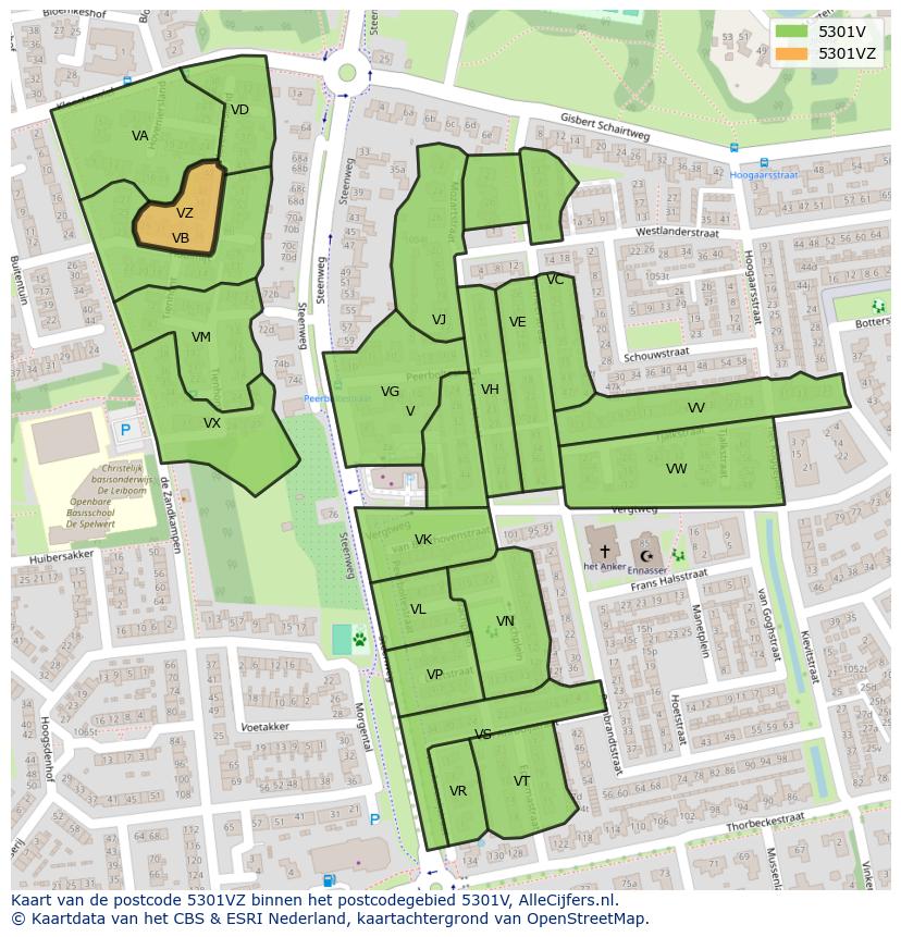 Afbeelding van het postcodegebied 5301 VZ op de kaart.