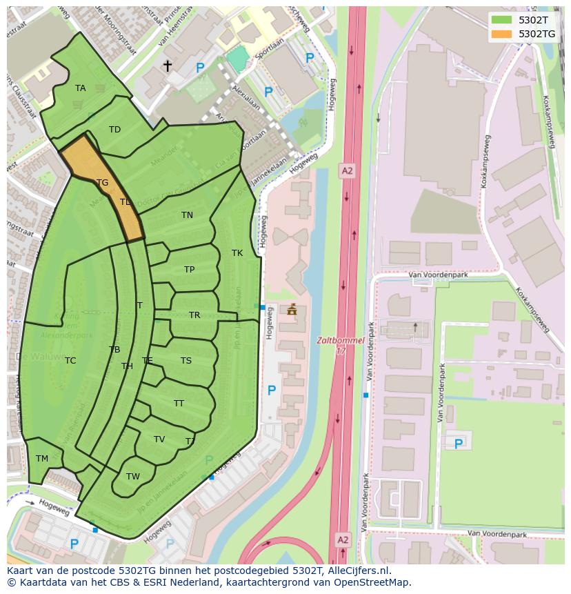 Afbeelding van het postcodegebied 5302 TG op de kaart.