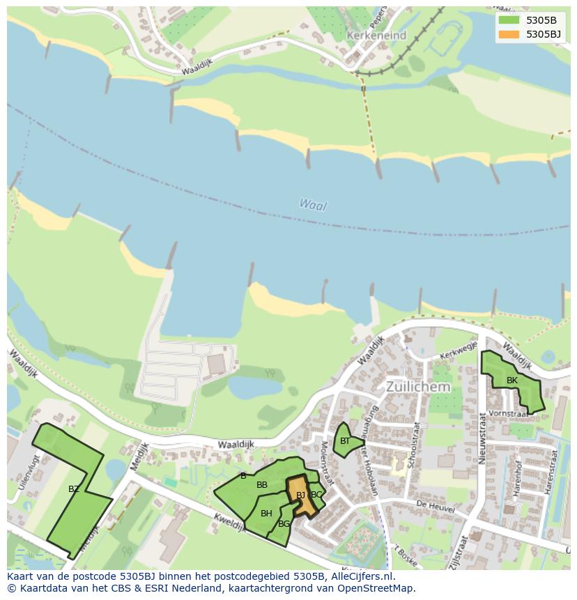 Afbeelding van het postcodegebied 5305 BJ op de kaart.