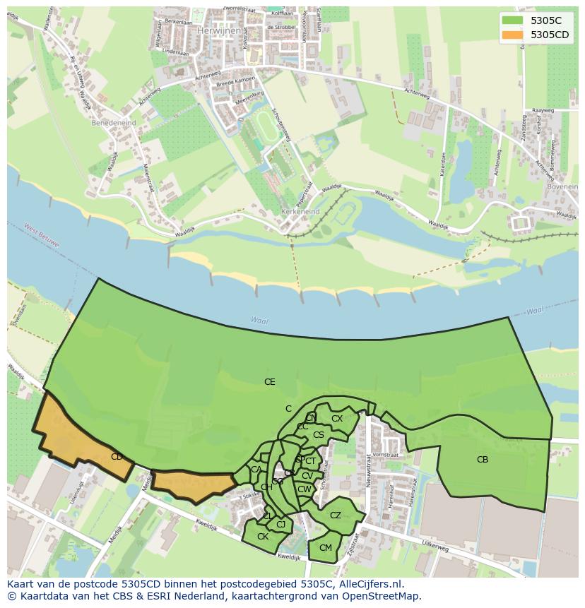 Afbeelding van het postcodegebied 5305 CD op de kaart.