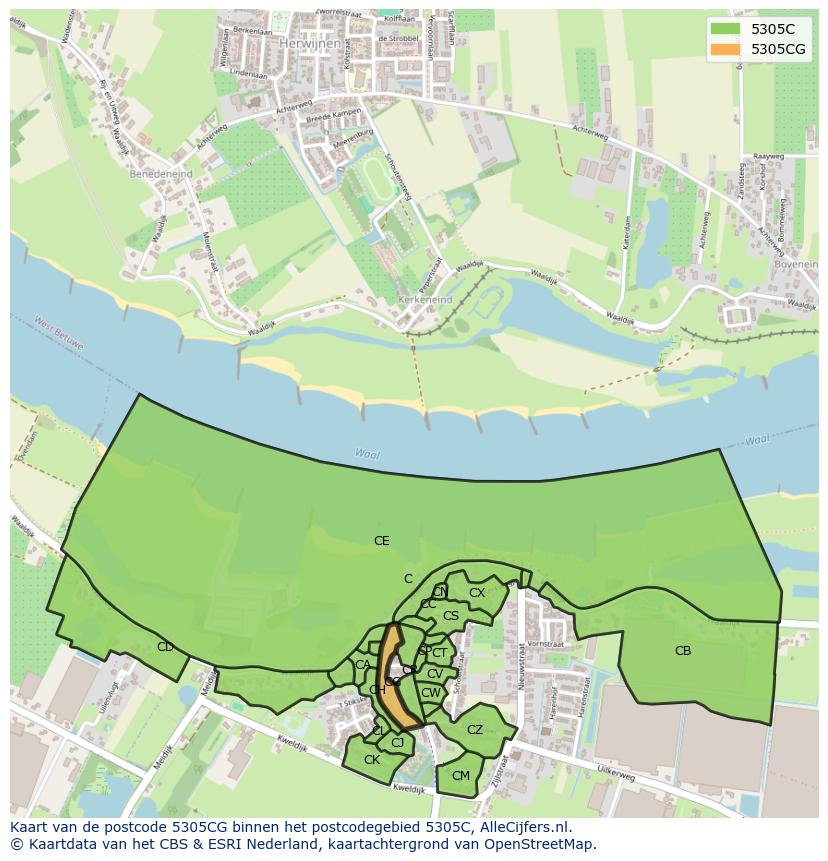 Afbeelding van het postcodegebied 5305 CG op de kaart.