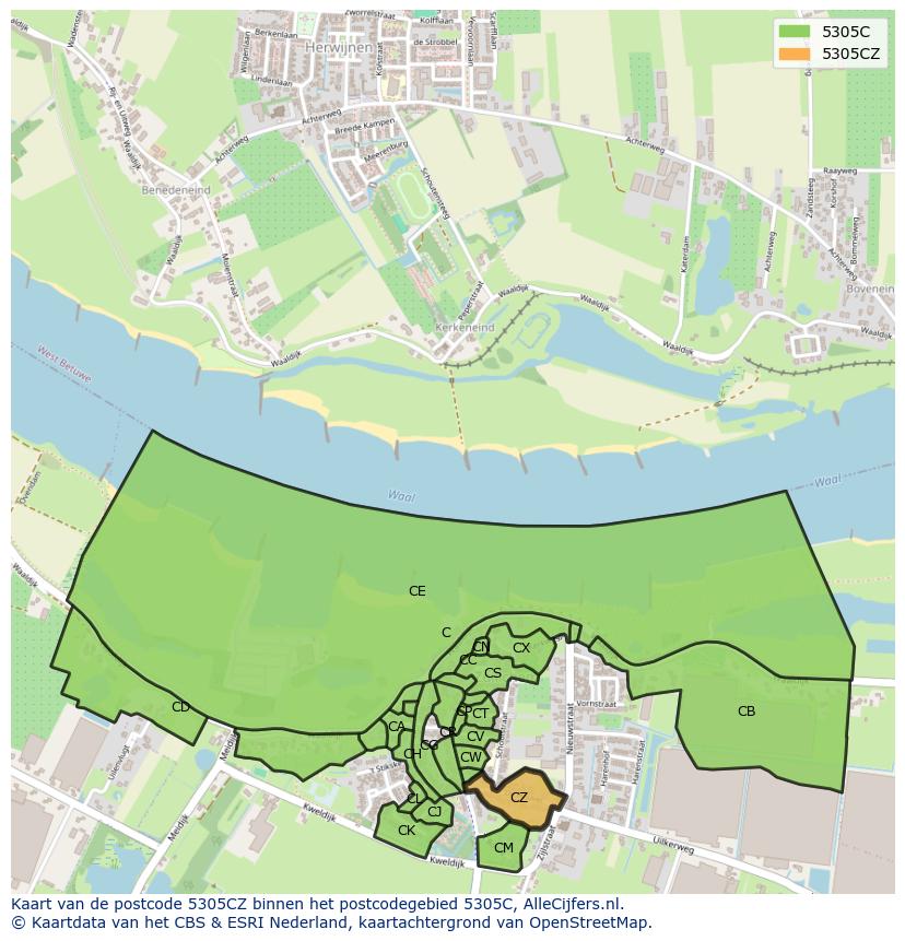 Afbeelding van het postcodegebied 5305 CZ op de kaart.