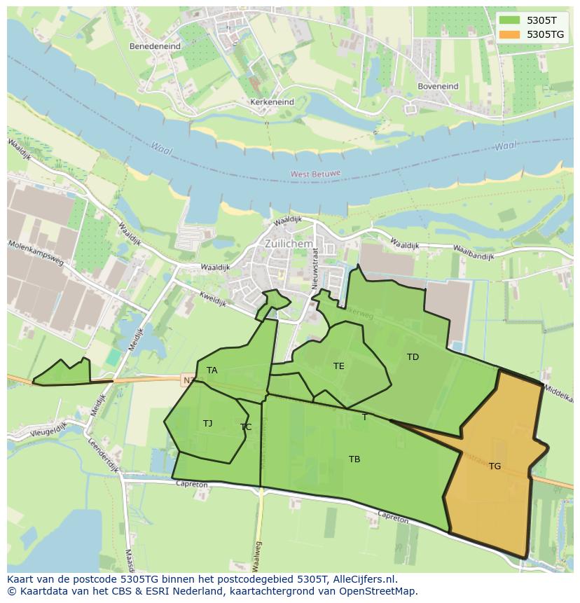 Afbeelding van het postcodegebied 5305 TG op de kaart.