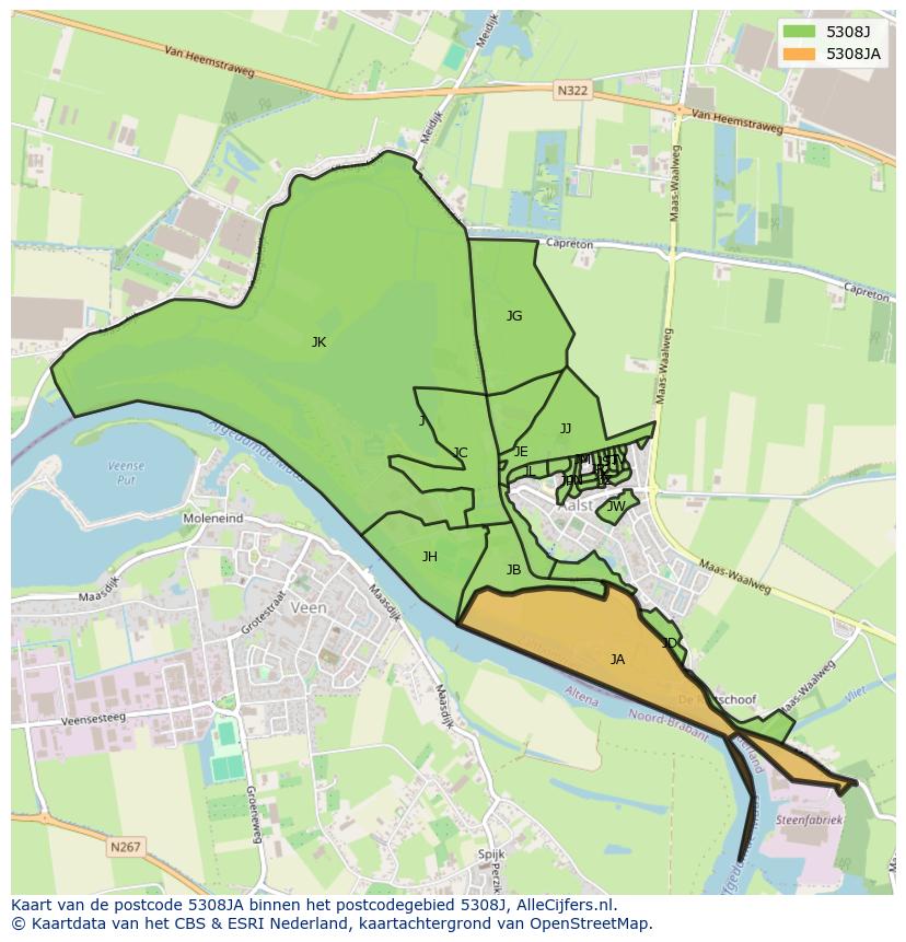Afbeelding van het postcodegebied 5308 JA op de kaart.