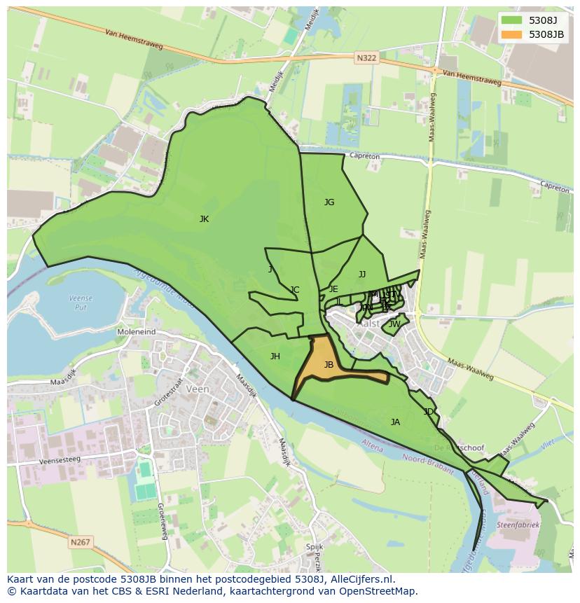 Afbeelding van het postcodegebied 5308 JB op de kaart.
