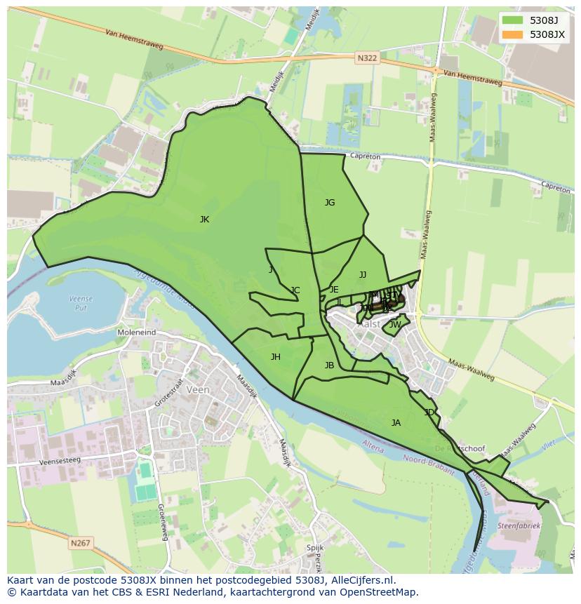 Afbeelding van het postcodegebied 5308 JX op de kaart.