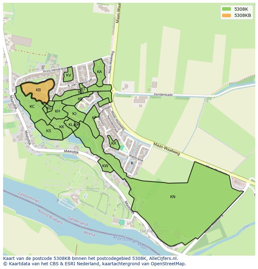 Afbeelding van het postcodegebied 5308 KB op de kaart.
