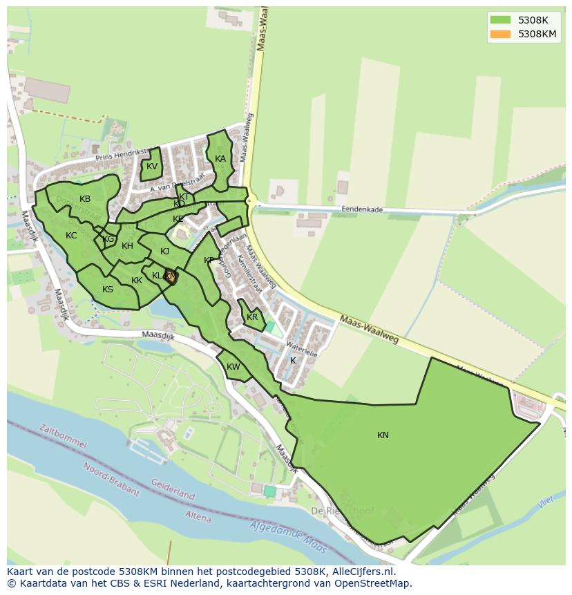 Afbeelding van het postcodegebied 5308 KM op de kaart.