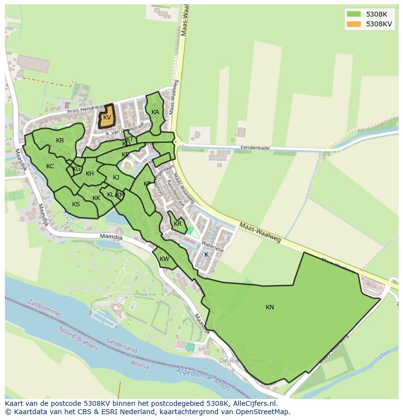 Afbeelding van het postcodegebied 5308 KV op de kaart.