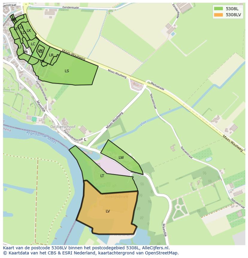 Afbeelding van het postcodegebied 5308 LV op de kaart.