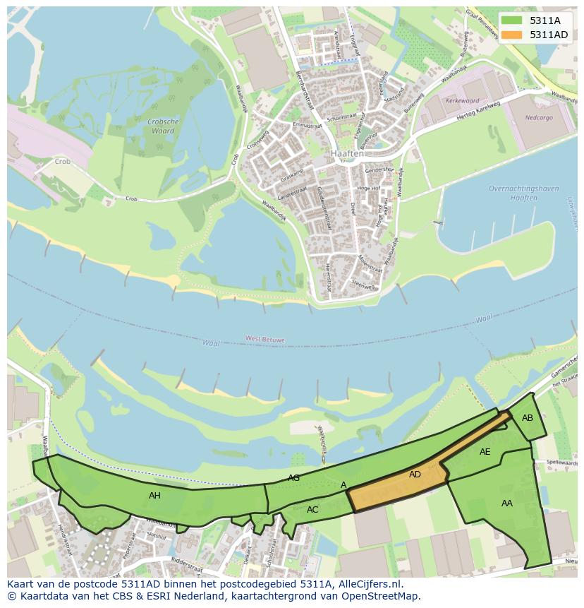Afbeelding van het postcodegebied 5311 AD op de kaart.