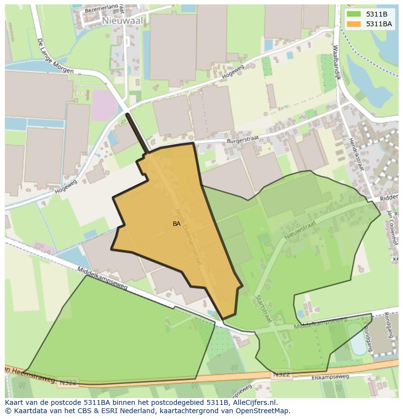 Afbeelding van het postcodegebied 5311 BA op de kaart.