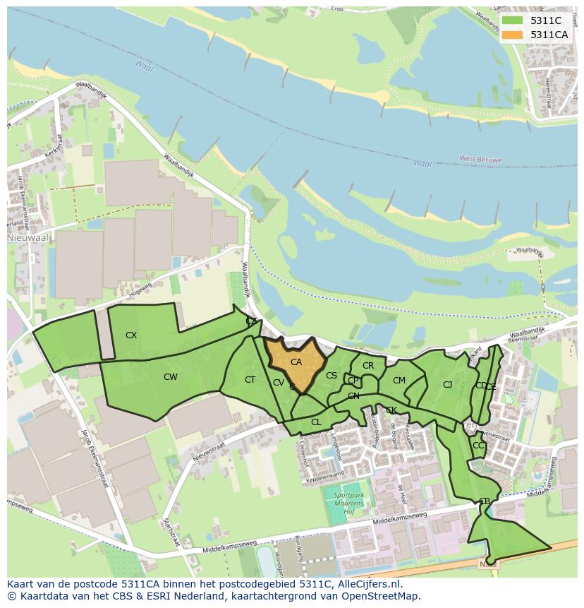 Afbeelding van het postcodegebied 5311 CA op de kaart.