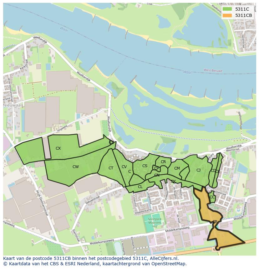 Afbeelding van het postcodegebied 5311 CB op de kaart.