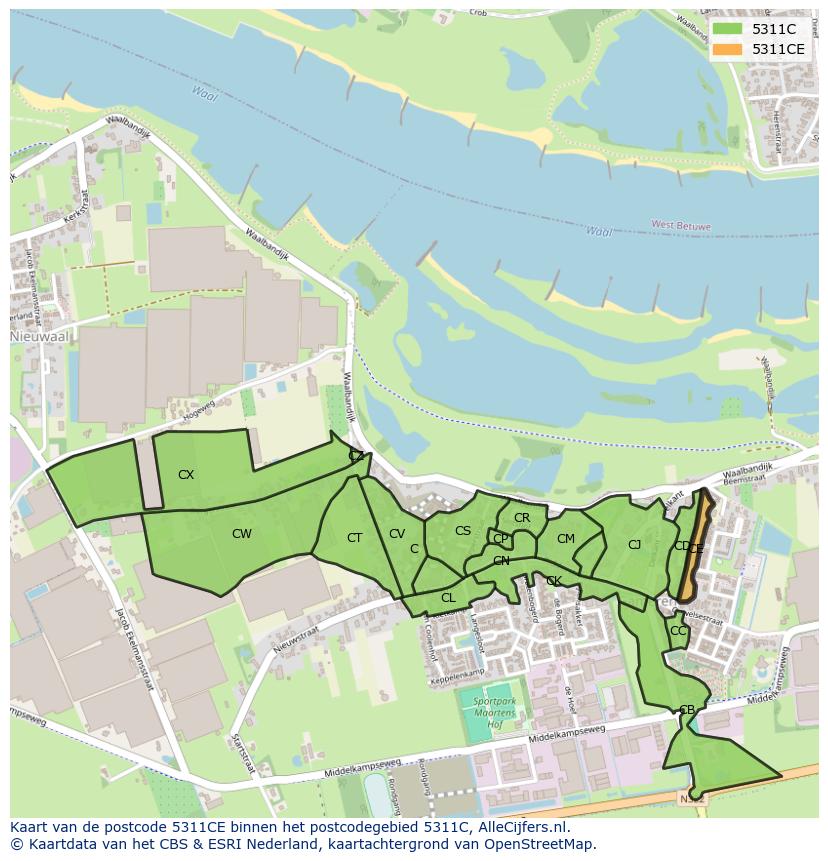 Afbeelding van het postcodegebied 5311 CE op de kaart.